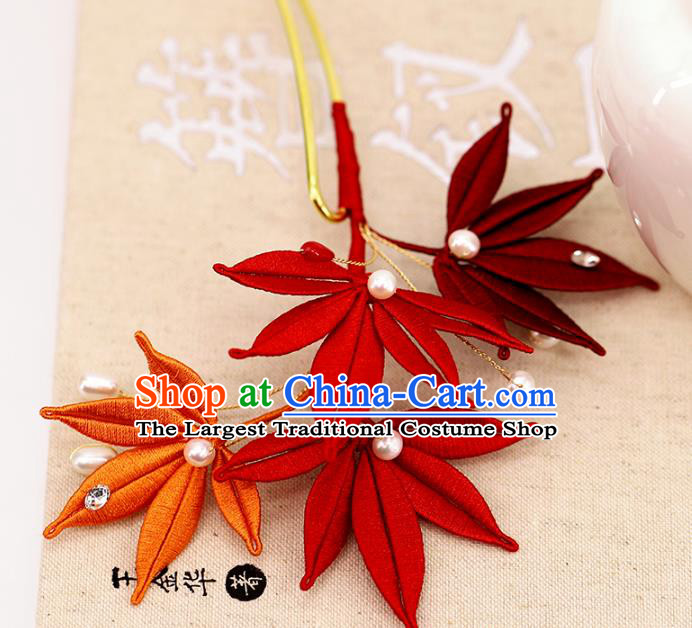 Traditional Chinese Handmade Red Maple Leaf Hairpin Headdress Ancient Hanfu Hair Accessories for Women