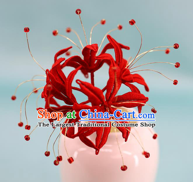 Traditional Chinese Handmade Red Spider Lily Hairpin Headdress Ancient Hanfu Hair Accessories for Women