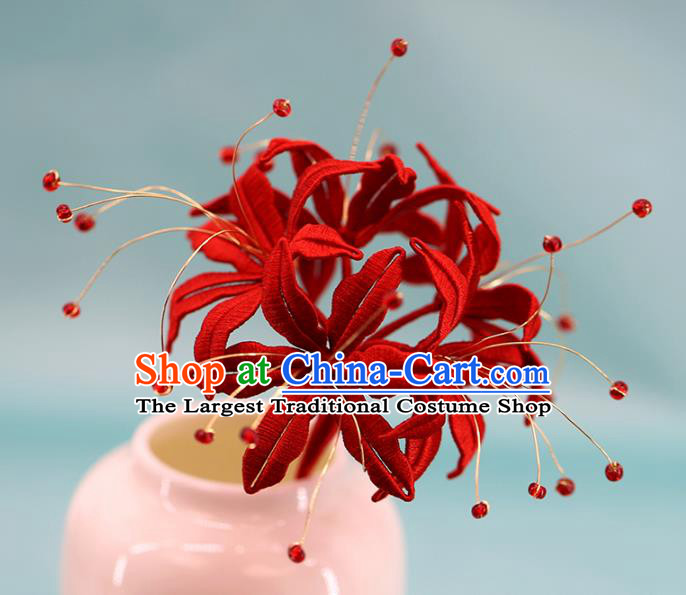 Traditional Chinese Handmade Red Spider Lily Hairpin Headdress Ancient Hanfu Hair Accessories for Women