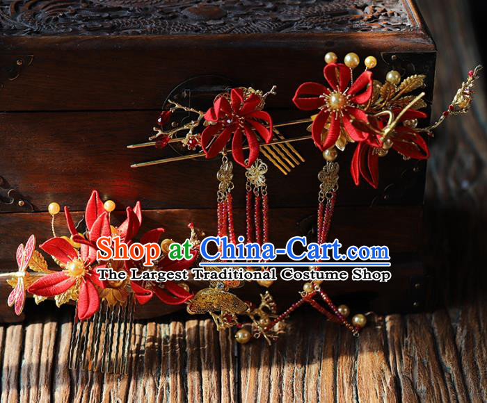 Traditional Chinese Wedding Red Flowers Hair Combs Tassel Hairpins Headdress Ancient Bride Hair Accessories for Women