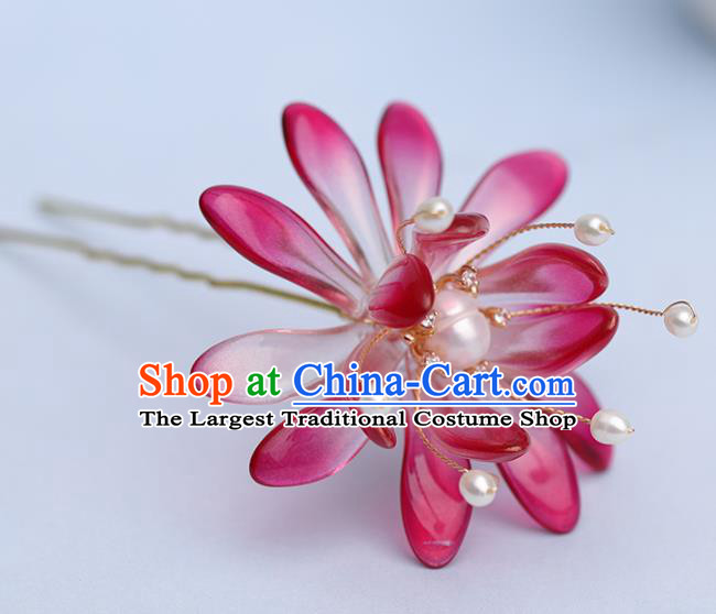 Traditional Chinese Handmade Red Glass Flower Hairpin Headdress Ancient Hanfu Hair Accessories for Women