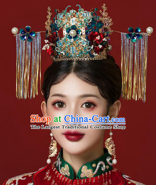 Traditional Chinese Wedding Cloisonne Phoenix Coronet Hairpins Headdress Ancient Bride Hair Accessories for Women