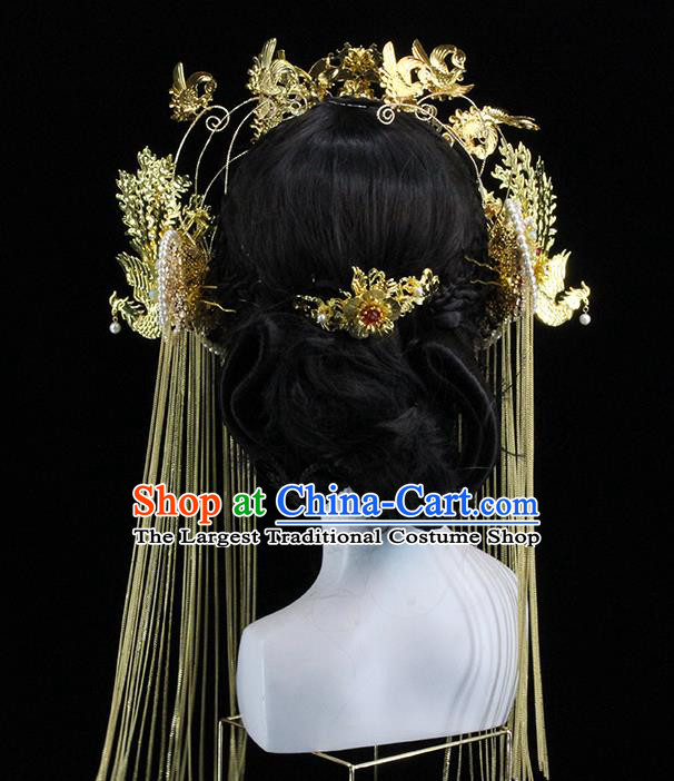 Traditional Chinese Wedding Pearls Golden Phoenix Coronet Hairpins Headdress Ancient Bride Hair Accessories for Women