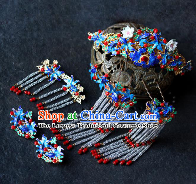 Traditional Chinese Wedding Cloisonne Hair Comb Tassel Hairpins Headdress Ancient Bride Hair Accessories for Women