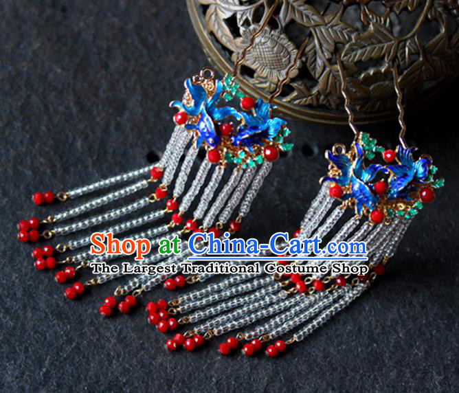 Traditional Chinese Wedding Cloisonne Hair Comb Tassel Hairpins Headdress Ancient Bride Hair Accessories for Women