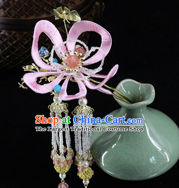 Traditional Chinese Handmade Pink Flower Tassel Hairpin Headdress Ancient Hanfu Hair Accessories for Women