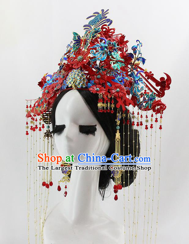 Traditional Chinese Opera Cloisonne Red Phoenix Coronet Hairpins Headdress Ancient Wedding Hair Accessories for Women
