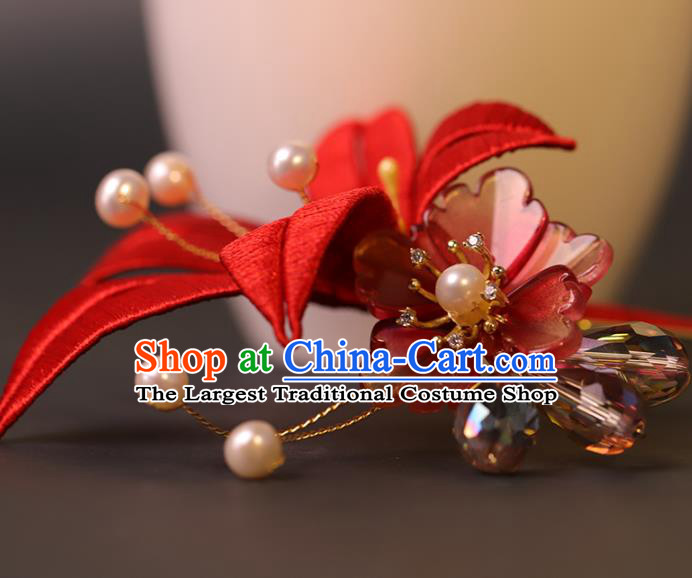 Traditional Chinese Handmade Red Silk Flower Hairpin Headdress Ancient Hanfu Hair Accessories for Women