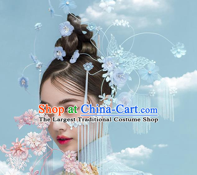 Traditional Chinese Blue Flowers Tassel Hairpins Headdress Ancient Bride Hair Accessories for Women