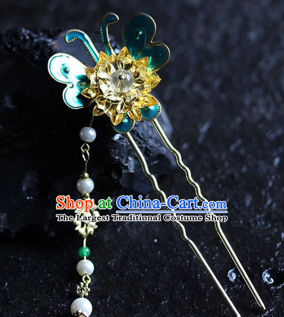 Traditional Chinese Handmade Blue Butterfly Tassel Hairpins Headdress Ancient Hanfu Hair Accessories for Women