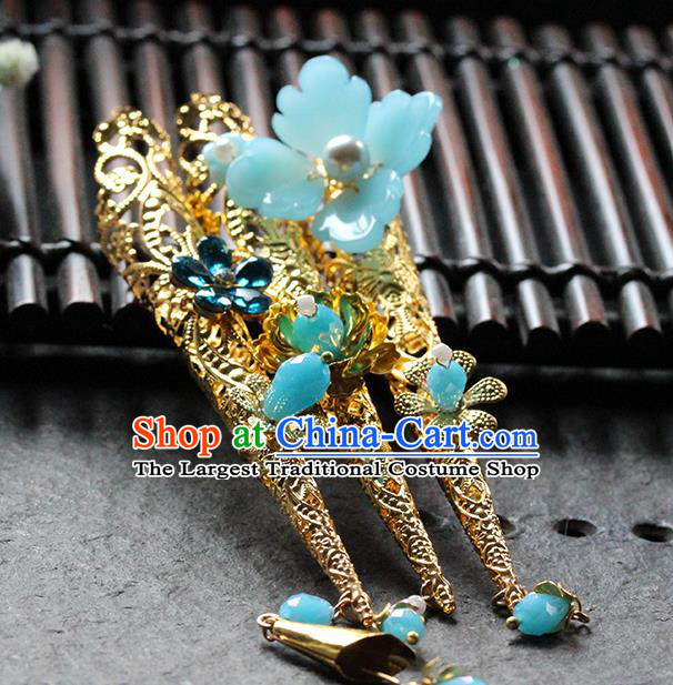Traditional Chinese Qing Dynasty Blue Flower Nail Wraps Ancient Court Queen Handmade Finger Accessories for Women
