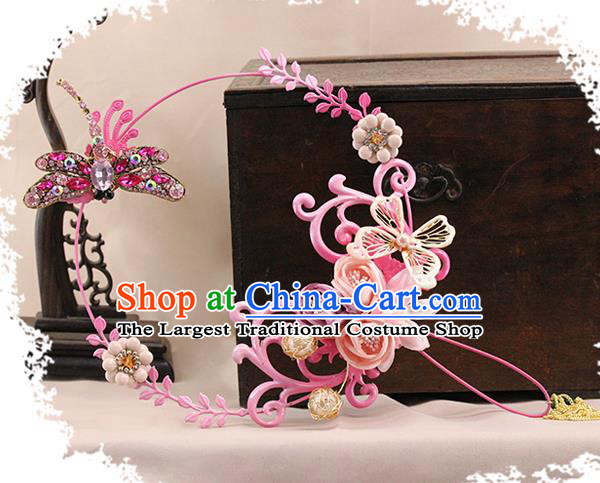 Traditional Chinese Handmade Pink Dragonfly Flowers Round Fans Ancient Hanfu Wedding Palace Fan for Women