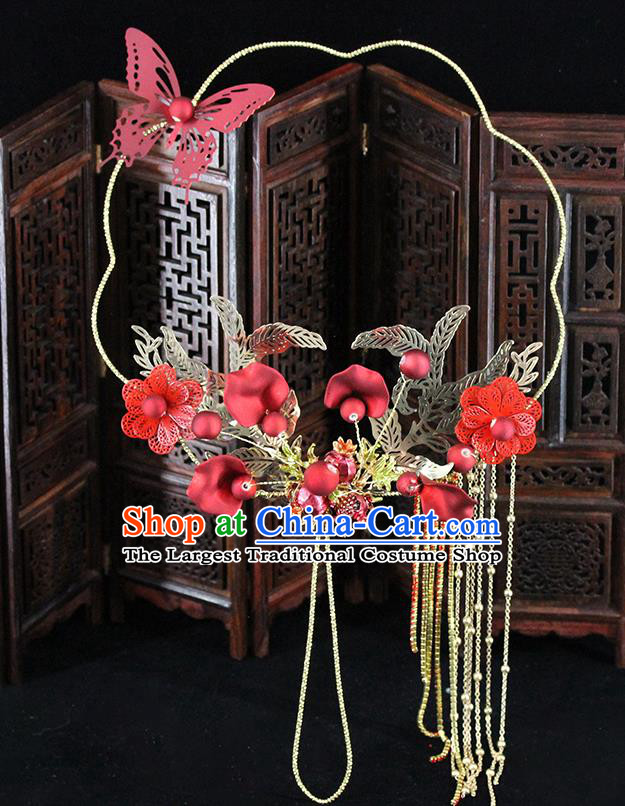 Traditional Chinese Handmade Red Butterfly Flower Fans Ancient Hanfu Wedding Palace Fan for Women