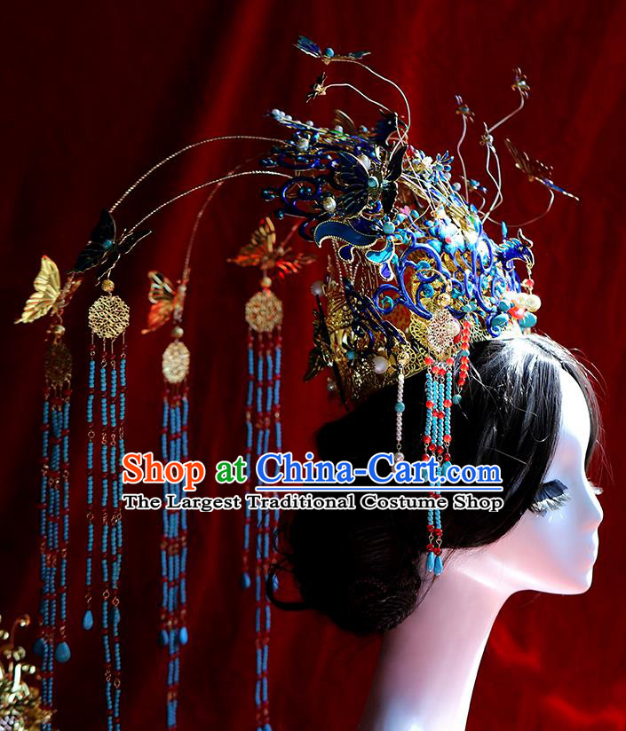 Traditional Chinese Cloisonne Butterfly Phoenix Coronet Hairpins Headdress Ancient Wedding Hair Accessories for Women