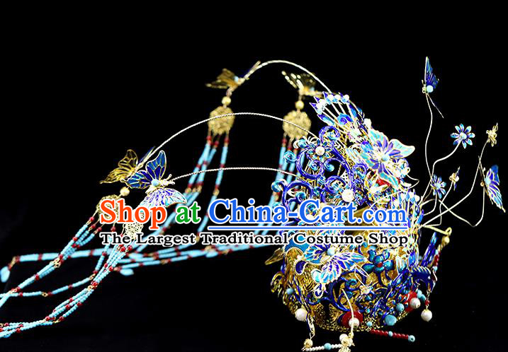 Traditional Chinese Cloisonne Butterfly Phoenix Coronet Hairpins Headdress Ancient Wedding Hair Accessories for Women