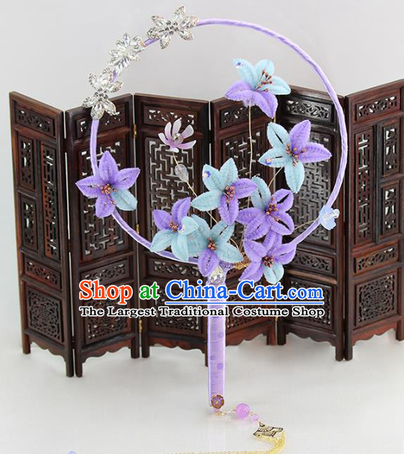 Traditional Chinese Handmade Purple Velvet Flowers Round Fans Ancient Hanfu Wedding Palace Fan for Women