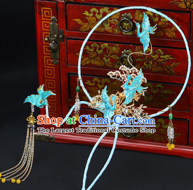 Traditional Chinese Handmade Cloisonne Crane Round Fans Ancient Hanfu Wedding Palace Fan for Women