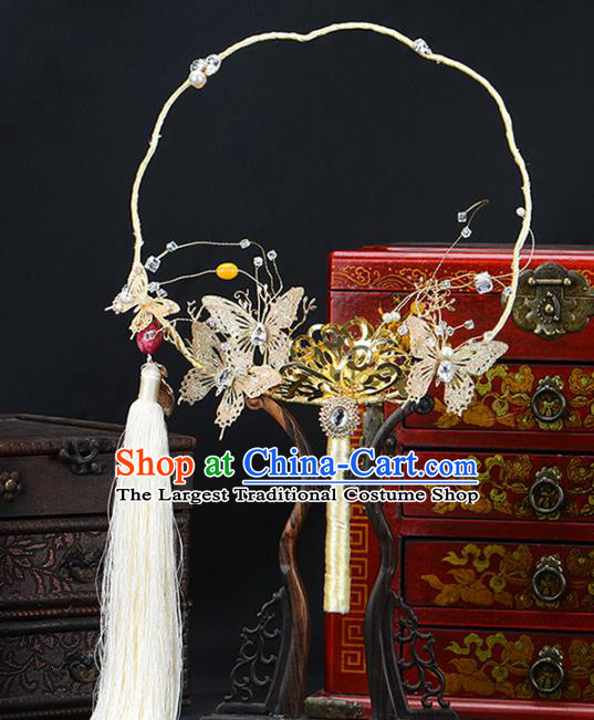 Traditional Chinese Handmade Golden Butterfly Round Fans Ancient Hanfu Wedding Palace Fan for Women