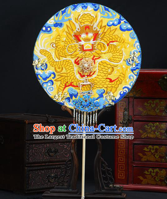 Traditional Chinese Handmade Golden Dragon Round Fans Ancient Hanfu Wedding Palace Fan for Women