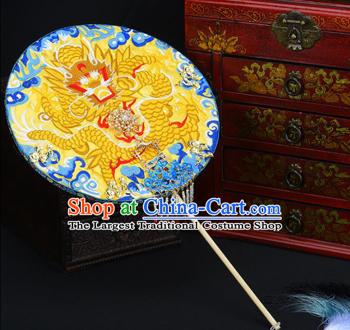 Traditional Chinese Handmade Golden Dragon Round Fans Ancient Hanfu Wedding Palace Fan for Women