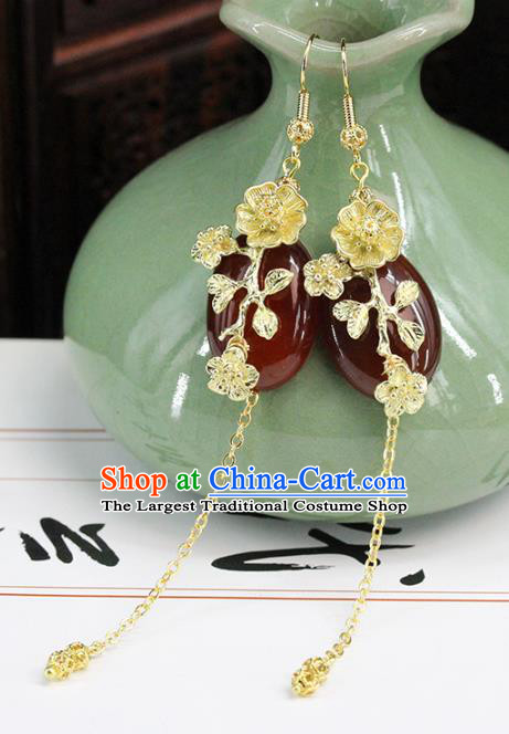Traditional Chinese Handmade Brass Agate Earrings Ancient Hanfu Ear Accessories for Women