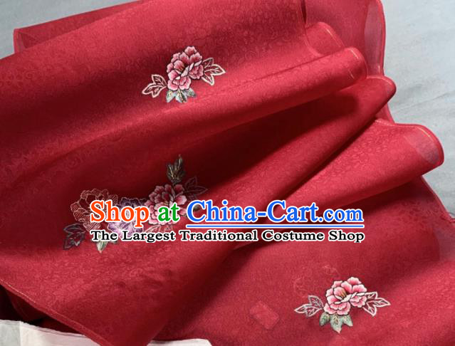 Chinese Traditional Classical Embroidered Peony Pattern Design Red Silk Fabric Asian Hanfu Material