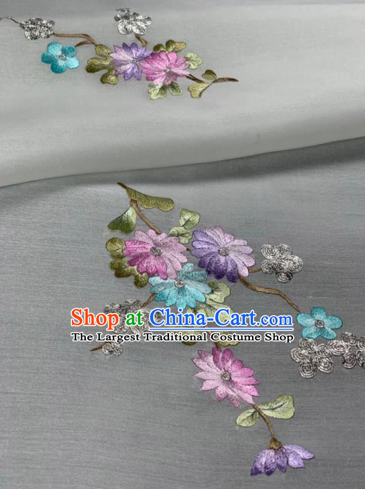 Asian Chinese Traditional Embroidered Chrysanthemum Pattern Design White Silk Fabric Hanfu Material