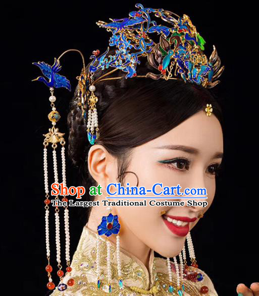 Traditional Chinese Bride Cloisonne Phoenix Coronet Headdress Ancient Wedding Hair Accessories for Women
