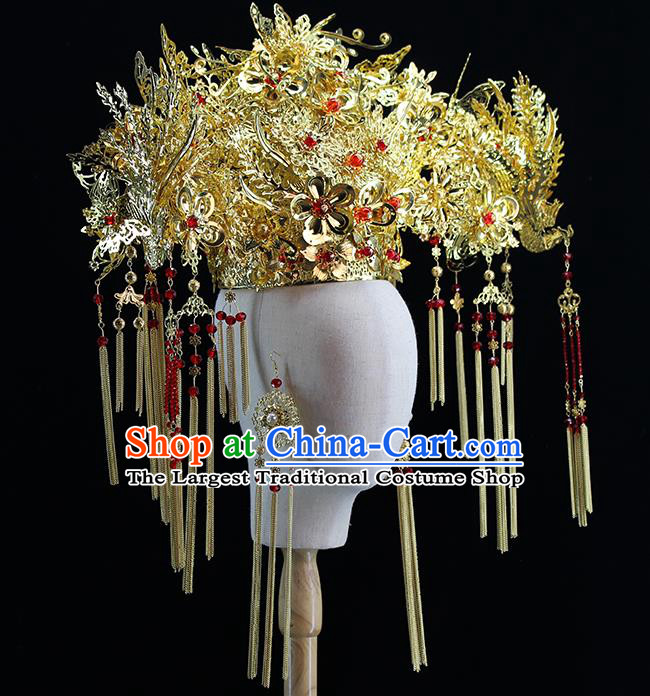 Traditional Chinese Bride Golden Luxury Phoenix Coronet Headdress Ancient Wedding Hair Accessories for Women