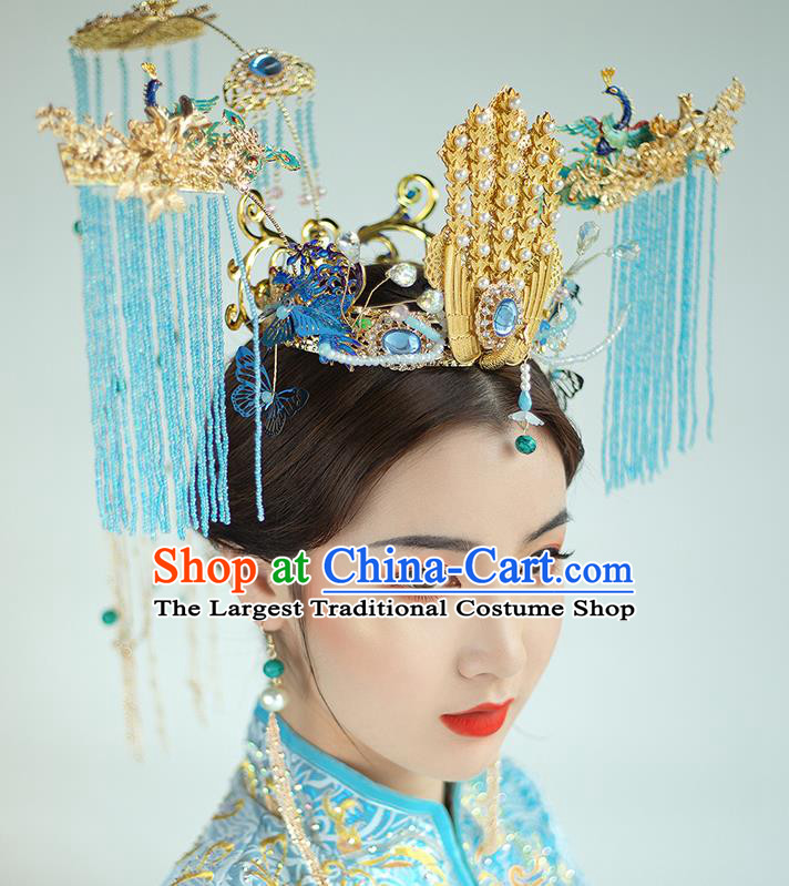 Traditional Chinese Bride Blue Tassel Phoenix Coronet Headdress Ancient Wedding Hair Accessories for Women