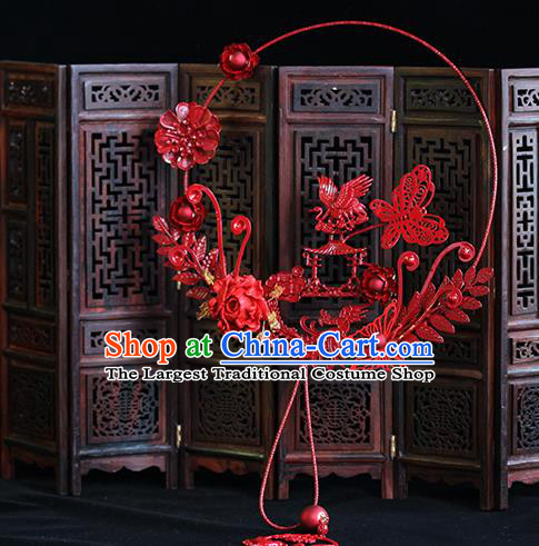 Traditional Chinese Classical Red Crane Fans Ancient Hanfu Wedding Palace Fan for Women