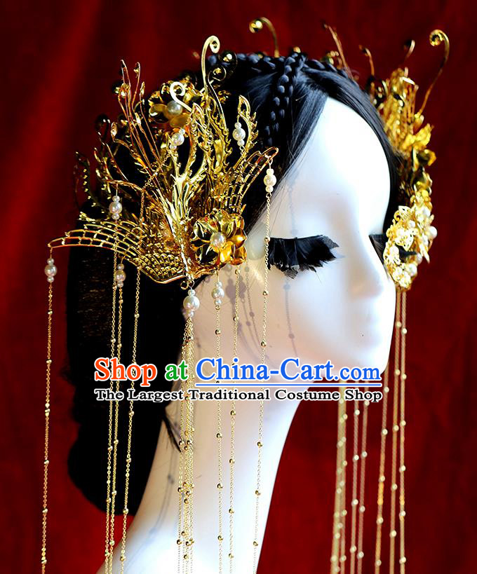 Traditional Chinese Bride Golden Phoenix Tassel Hair Clasp Headdress Ancient Wedding Hair Accessories for Women