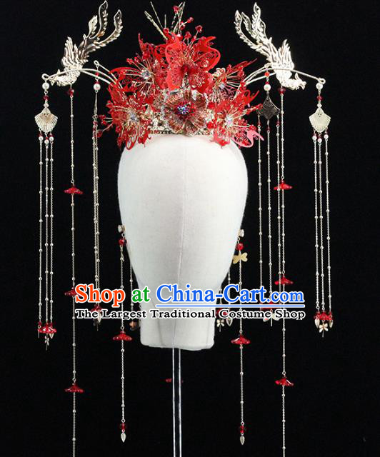 Traditional Chinese Bride Red Butterfly Phoenix Coronet Headdress Ancient Wedding Hair Accessories for Women