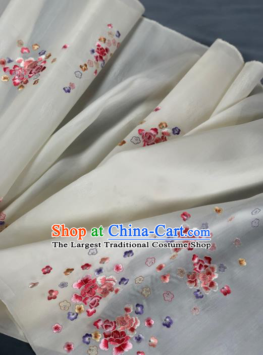 Chinese Traditional Classical Embroidered Flowers Pattern Design Beige Silk Fabric Asian Hanfu Material