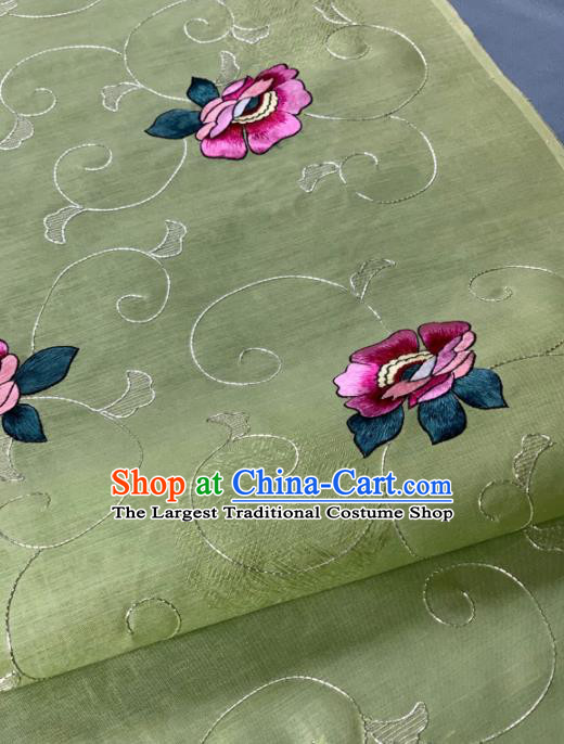 Chinese Traditional Classical Embroidered Flowers Pattern Design Green Silk Fabric Asian Hanfu Material