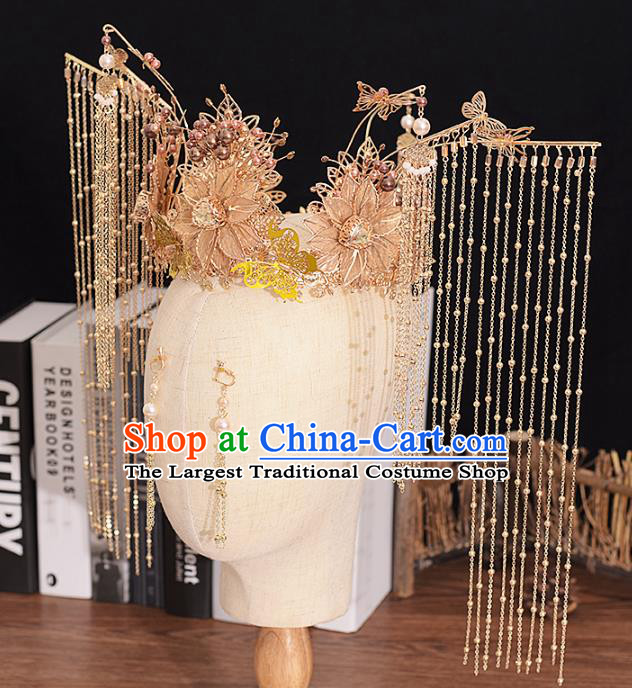 Traditional Chinese Bride Golden Flowers Phoenix Coronet Headdress Ancient Wedding Hair Accessories for Women