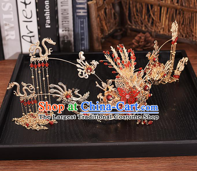Traditional Chinese Bride Dragon Phoenix Coronet Hairpins Headdress Ancient Wedding Hair Accessories for Women