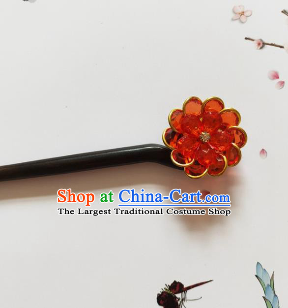 Traditional Chinese Red Crystal Peony Ebony Hairpin Headdress Ancient Court Hair Accessories for Women