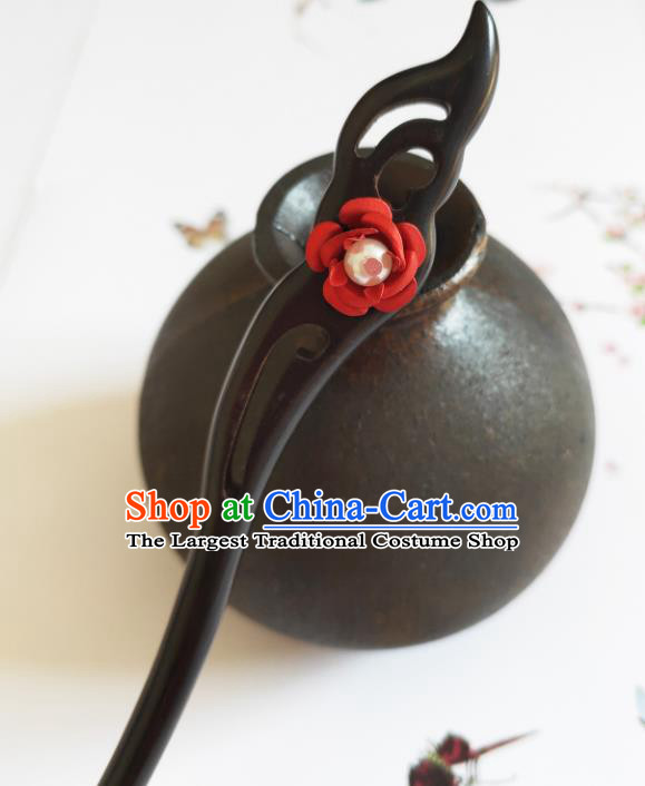 Traditional Chinese Red Rose Ebony Hairpin Headdress Ancient Court Hair Accessories for Women