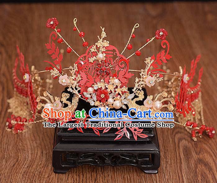 Traditional Chinese Bride Red Phoenix Coronet Headdress Ancient Wedding Hair Accessories for Women