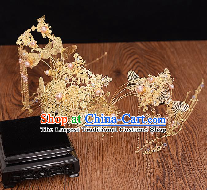 Traditional Chinese Bride Golden Butterfly Pearls Phoenix Coronet Headdress Ancient Wedding Hair Accessories for Women
