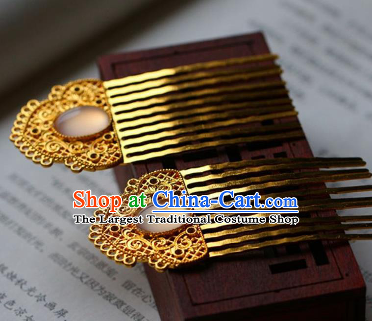 Traditional Chinese Tang Dynasty Golden Hair Combs Headdress Ancient Court Hair Accessories for Women