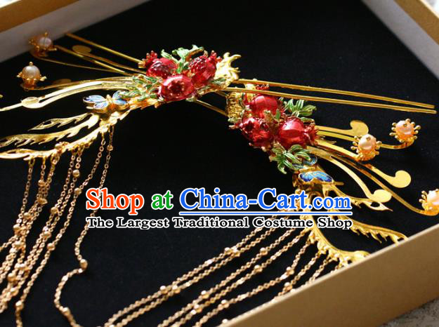 Traditional Chinese Ming Dynasty Red Pomegranate Tassel Hairpins Headdress Ancient Court Hair Accessories for Women