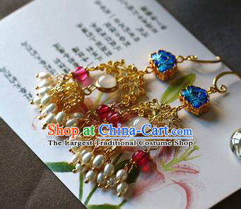 Traditional Chinese Handmade Blueing Lotus Pearls Tassel Earrings Ancient Hanfu Ear Accessories for Women