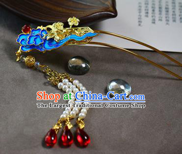 Traditional Chinese Palace Cloisonne Cloud Pearls Tassel Hairpin Headdress Ancient Court Hair Accessories for Women