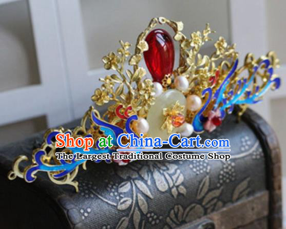 Traditional Chinese Palace Cloisonne Phoenix Jade Hair Crown Hairpin Headdress Ancient Court Hair Accessories for Women