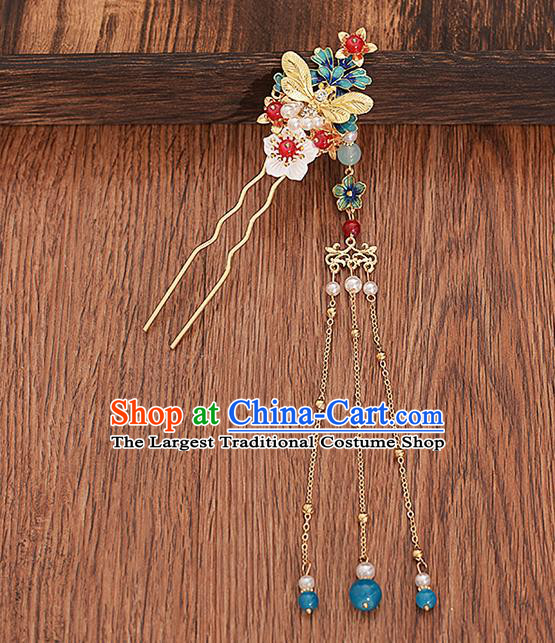 Traditional Chinese Handmade Golden Dragonfly Tassel Hairpin Headdress Ancient Hanfu Hair Accessories for Women