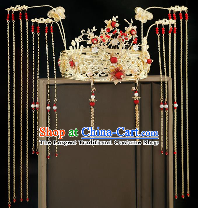 Traditional Chinese Bride Golden Carving Phoenix Coronet Headdress Ancient Wedding Hair Accessories for Women