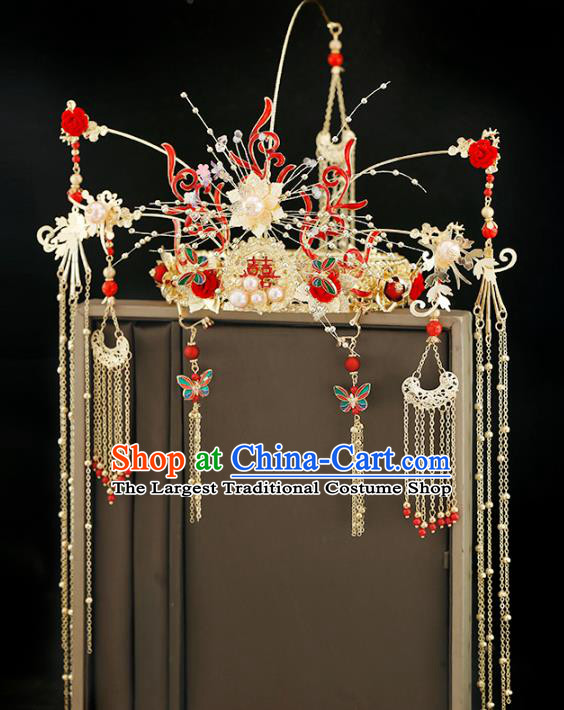 Traditional Chinese Bride Golden Tassel Phoenix Coronet Headdress Ancient Wedding Hair Accessories for Women