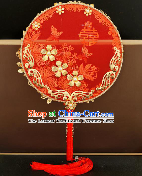 Traditional Chinese Classical Red Round Fans Ancient Hanfu Wedding Palace Fan for Women
